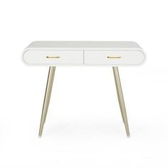 a white desk with two gold legs and a drawer on one side, against a white background