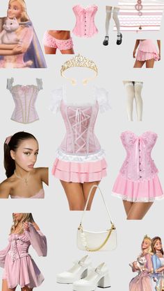 a collage of pink and white outfits with high heels