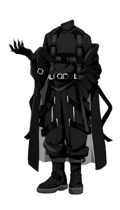 an anime character with his arms out in front of him, wearing a black outfit and holding