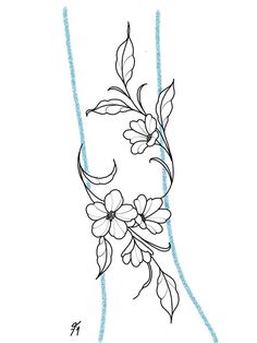 a drawing of flowers and leaves on a white paper with blue lines in the background