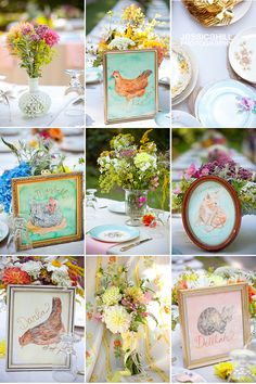 a collage of photos with flowers and pictures on the table in different styles, sizes and colors