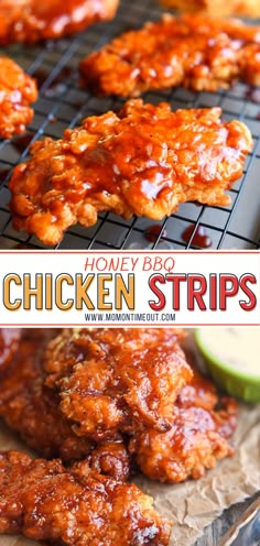 honey bbq chicken strips on a cooling rack with avocado in the background