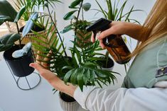 a woman is holding some plants and sprays them with a bottle in her hand