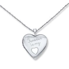 This delightful heart-shaped locket necklace for her is decorated with the sentiment "Forever in my Heart." The sterling silver pendant sways from an 18-inch cable chain that fastens with a spring ring clasp. Forever In My Heart, Jewelry Advice, Heart Locket Necklace, Necklace For Her, Kay Jewelers, Heart Locket, Accessories Jewelry Necklace, Silver Pendants, Locket Necklace