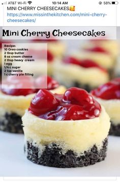 mini cherry cheesecakes on a white plate with the recipe below it and text overlay