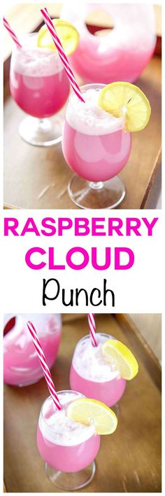 raspberry cloud punch in glasses with strawberries and lemons on the rim