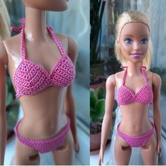 two barbie dolls wearing bikinis in front of a window