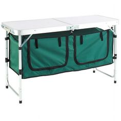 the folding table has two pockets on it and is white with green linings,