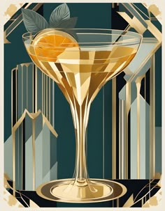 a golden cocktail glass with an orange garnish