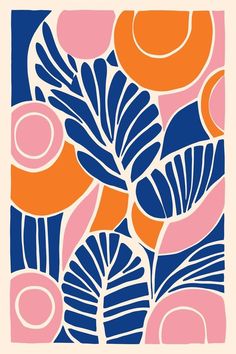 an orange, blue and pink abstract painting with leaves on the bottom right hand corner