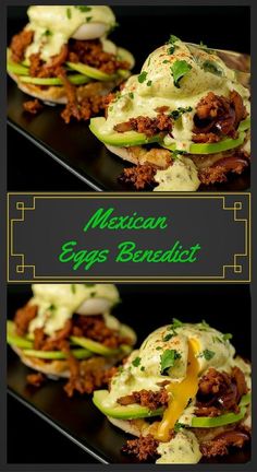 mexican eggs benedict with avocado and sour cream sauce on black plate - stock photo