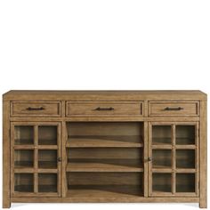 the sideboard is made out of wood and has glass doors on both sides,