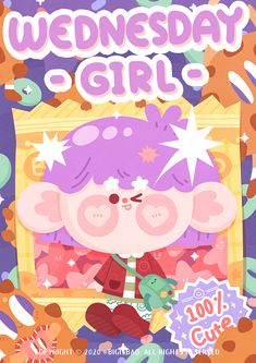 a cartoon character holding a teddy bear in front of a poster with the words wednesday girl