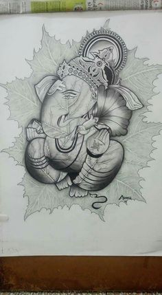 a drawing of an elephant with leaves on it's back and the image of ganda