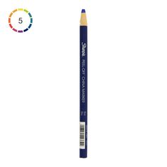 a pencil that is blue and has the number five on it's end in front of