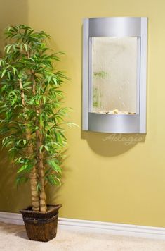 a potted plant sitting next to a wall mounted mirror on the side of a yellow wall