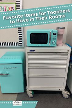 two blue and white kitchen appliances next to each other