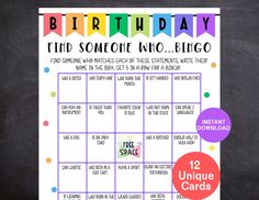 a printable birthday game with the words, find someone who likes to play it