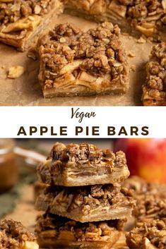 apple pie bars stacked on top of each other with the words vegan written above them