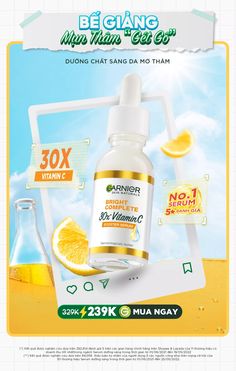 an advertisement for vitamin products with oranges and lemon slices on the side, in front of