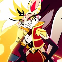 a cartoon character with an evil look on her face and ears, standing in front of a yellow background