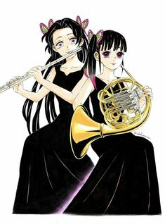 two girls in black dresses playing musical instruments with one girl wearing a gold dress and the other holding a trumpet