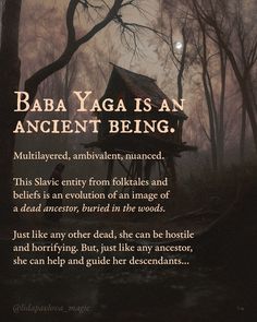 an advertisement for the book baba yoga is an ancient being, with trees in the background