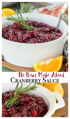 cranberry sauce in a white bowl with rosemary garnish and orange slices