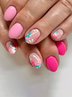 Pink  Collar   Plants Color Nails Embellished   Nail,Hand & Foot Care Round Nail Designs, Tropical Nails, Short Gel Nails, French Nail Designs, Color Nails, Vacation Nails, Round Nails, Pink Spring, Foot Care