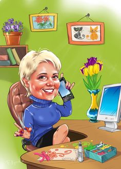 a woman sitting at a desk with a cell phone in her hand and flowers on the table