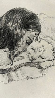 a drawing of a woman sleeping next to a cat