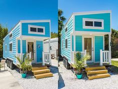 a blue and white tiny house on wheels with steps leading up to the front door