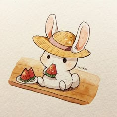 a drawing of a bunny wearing a straw hat and eating watermelon on a cutting board