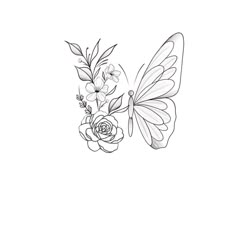 a black and white drawing of a butterfly with flowers