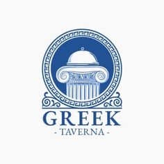 the greek tavern logo with an image of a hat on it's head and columns