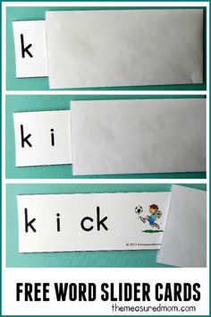 two pictures with the words kick and free word slider cards for kids to use