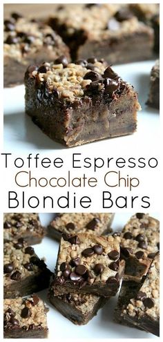 toffee espresso chocolate chip blondie bars on a white platter