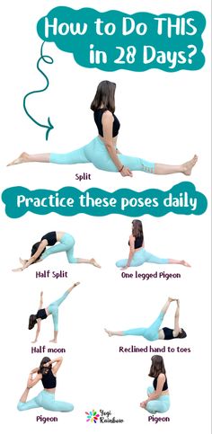 a woman doing yoga poses with the words how to do this in 28 days?