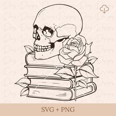 a skull sitting on top of books with a rose in its mouth and the words svg