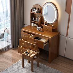 a dressing table with drawers and a mirror on the wall next to a window in a room