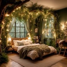 a bedroom decorated with greenery and lights