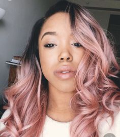 Rose Gold Hair Black Roots, Rose Gold Natural Hair Black Women, Pink Rose Gold Hair, Hair Goals Color, Rose Gold Hair Brunette, Aqua Net, Ash Hair Color