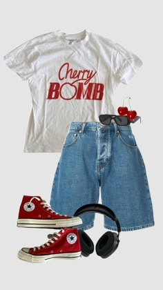 Cherry Inspired Outfit, Converse Aesthetic Outfit, Converse Outfit Summer, Red Converse Outfit, Cherry Vintage, Stranger Things Outfit, Outfit Inso, Casual Ootd, Red Converse