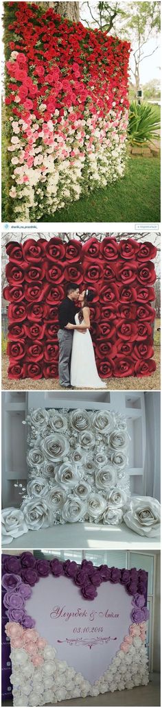 the wedding cake is decorated with flowers and ribbons on it's side, while the bride and groom are kissing