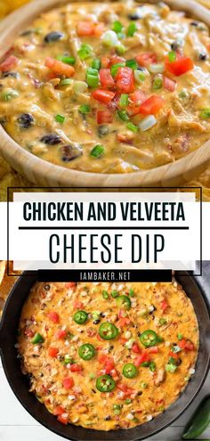 chicken and veggie cheese dip in a cast iron skillet with text overlay