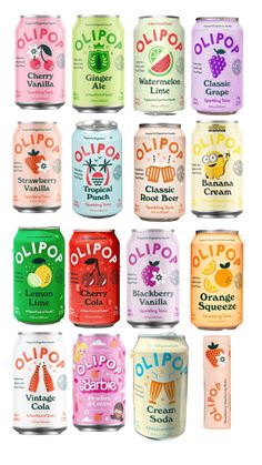 six cans of various flavored drinks in different colors and flavors, all with the same label