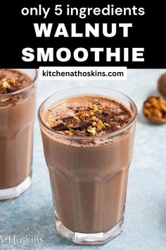 two glasses filled with chocolate and nuts on top of a blue surface, text reads only 5 ingredients walnut smoothie