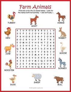 the farm animals word search is shown in red and white with an animal's name