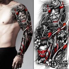 #sleeve #samurai #tattoo design #tattoo idea #bng design #mask #samurai tattoo # japanese tattoo #demon mask #tattoo idea #hardstudio #flowers #bird #castle Tattoo Designs Samurai, Samurai Dragon, Samurai Mask Tattoo, Japanese Warrior Tattoo, Oni Mask Tattoo