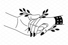 a black and white drawing of a hand holding an olive branch with leaves on it